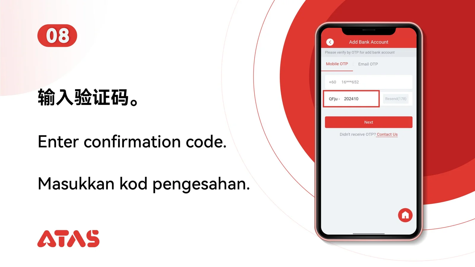 Masukkan kod pengesahan — langkah 9 dalam panduan Tambah Akaun Bank