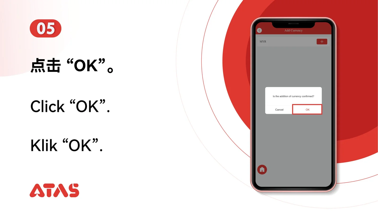 Confirm the selection — step 6 of the Add a Currency guide