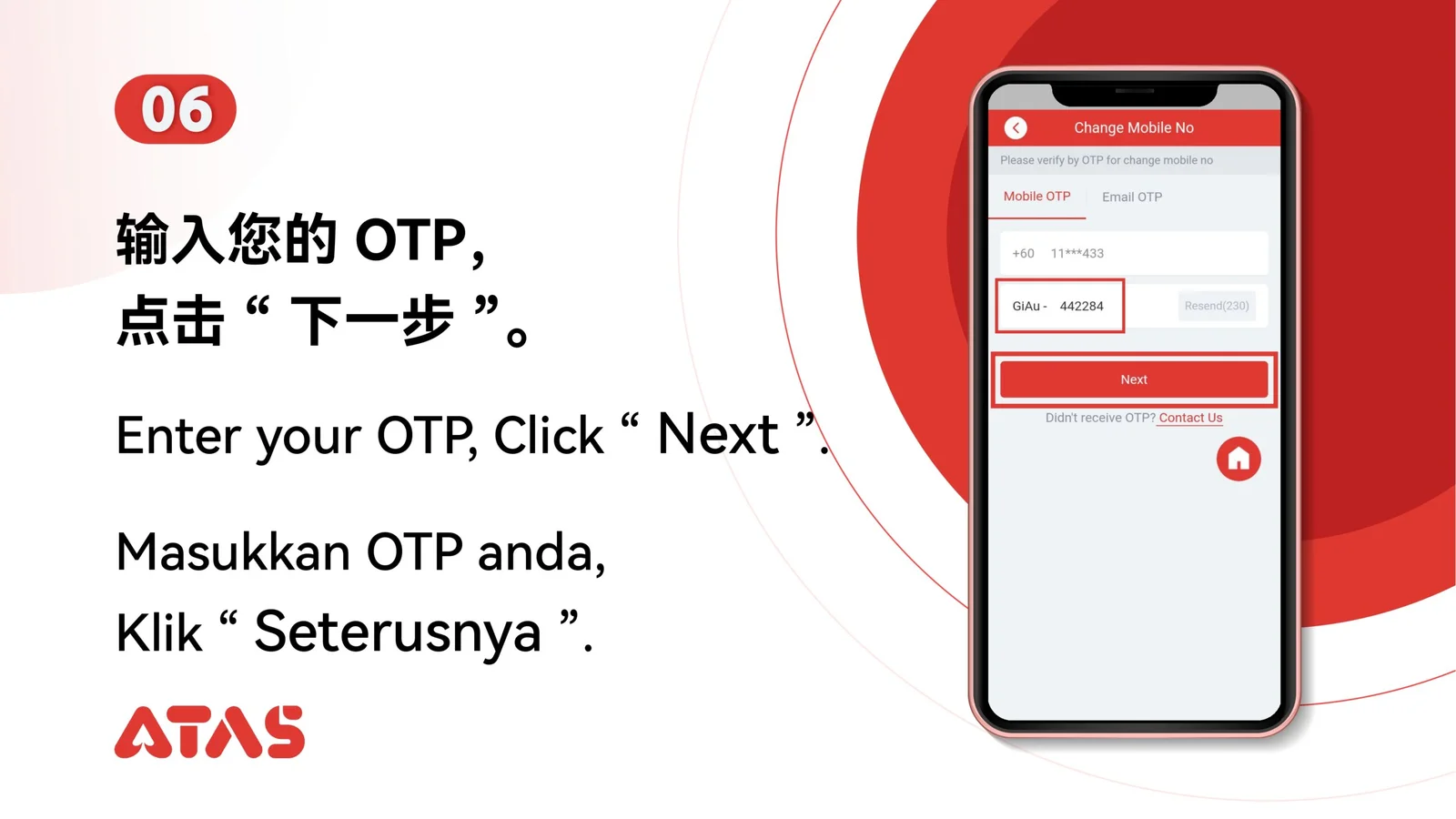 Hantar OTP pertama — langkah 7 dalam panduan Tukar Nombor Telefon