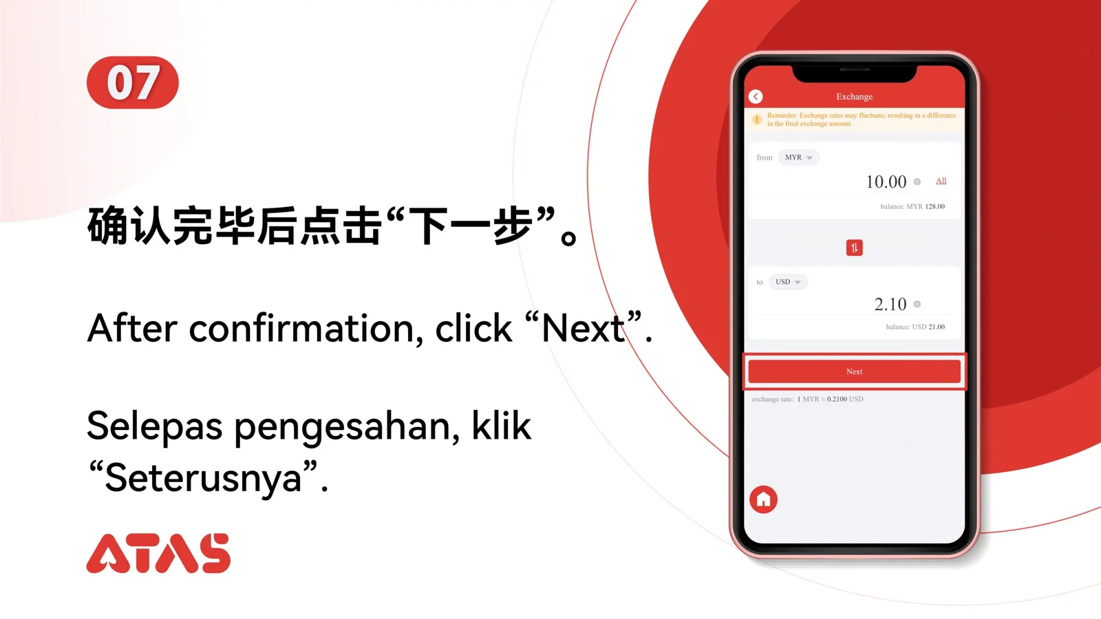 Continue to confirmation — step 8 of the Exchange Currency guide