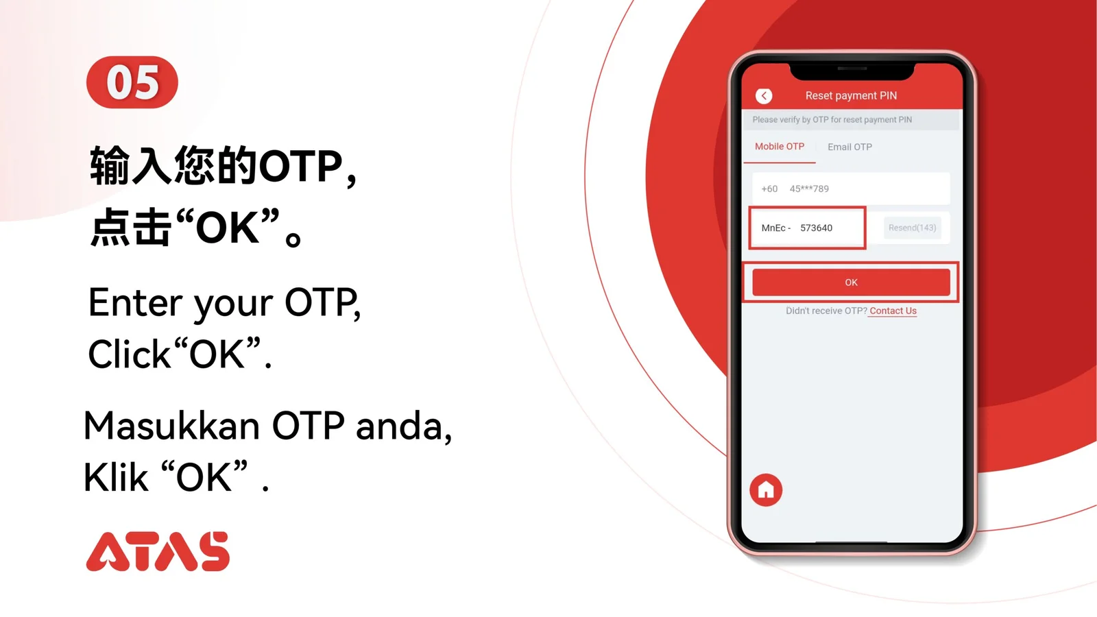 Submit the OTP — step 6 of the Set or Reset Payment PIN guide