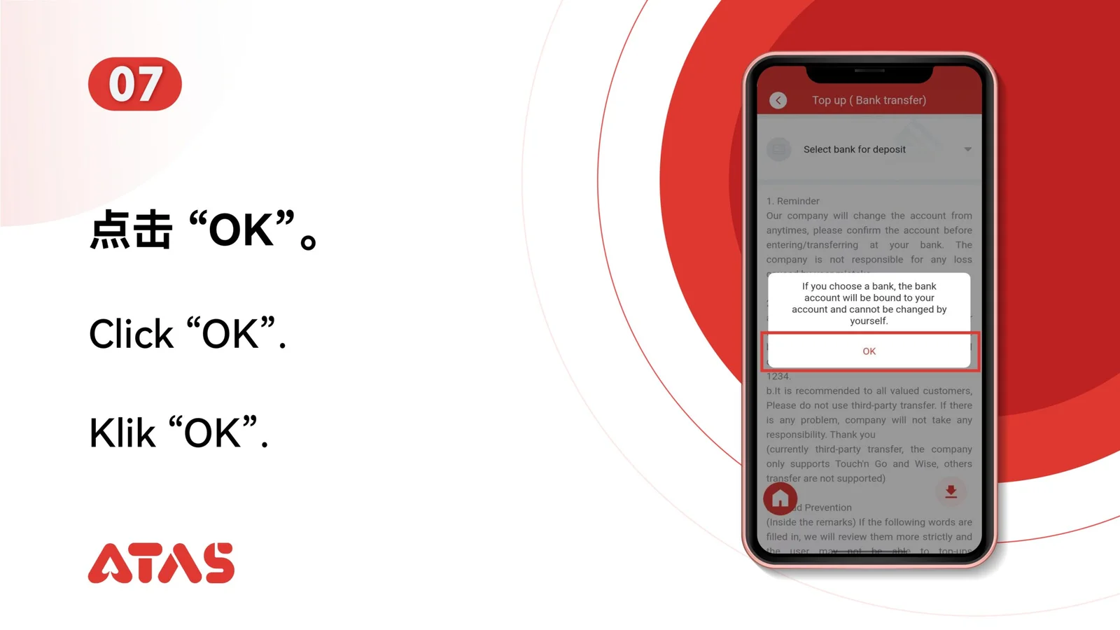 Confirm the bank selection — step 8 of the Top Up guide