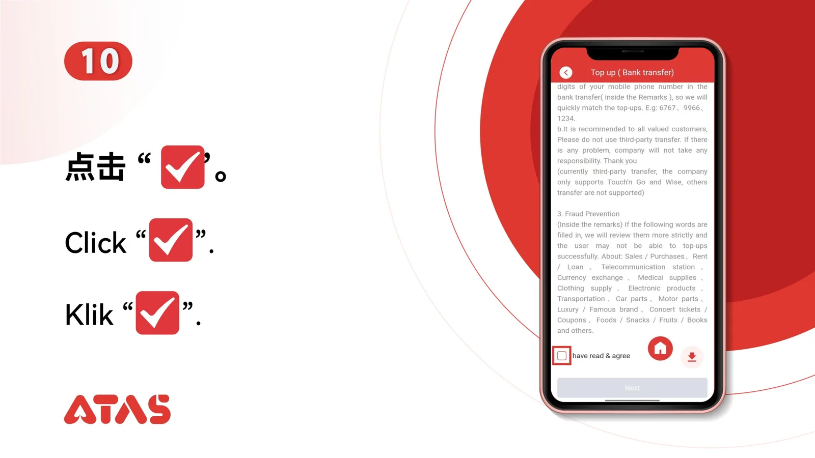Complete the confirmation checks — step 11 of the Top Up guide
