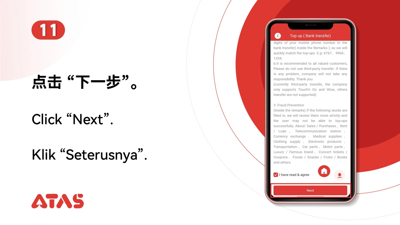 Continue to receipt upload — step 12 of the Top Up guide