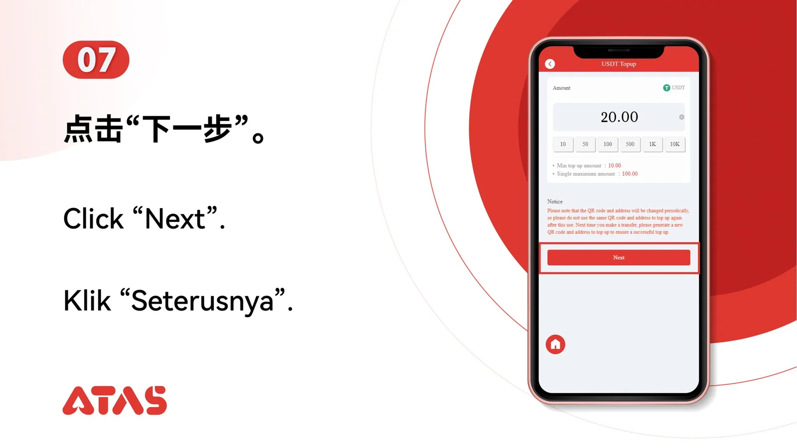 Continue to deposit details — step 8 of the USDT Top Up guide