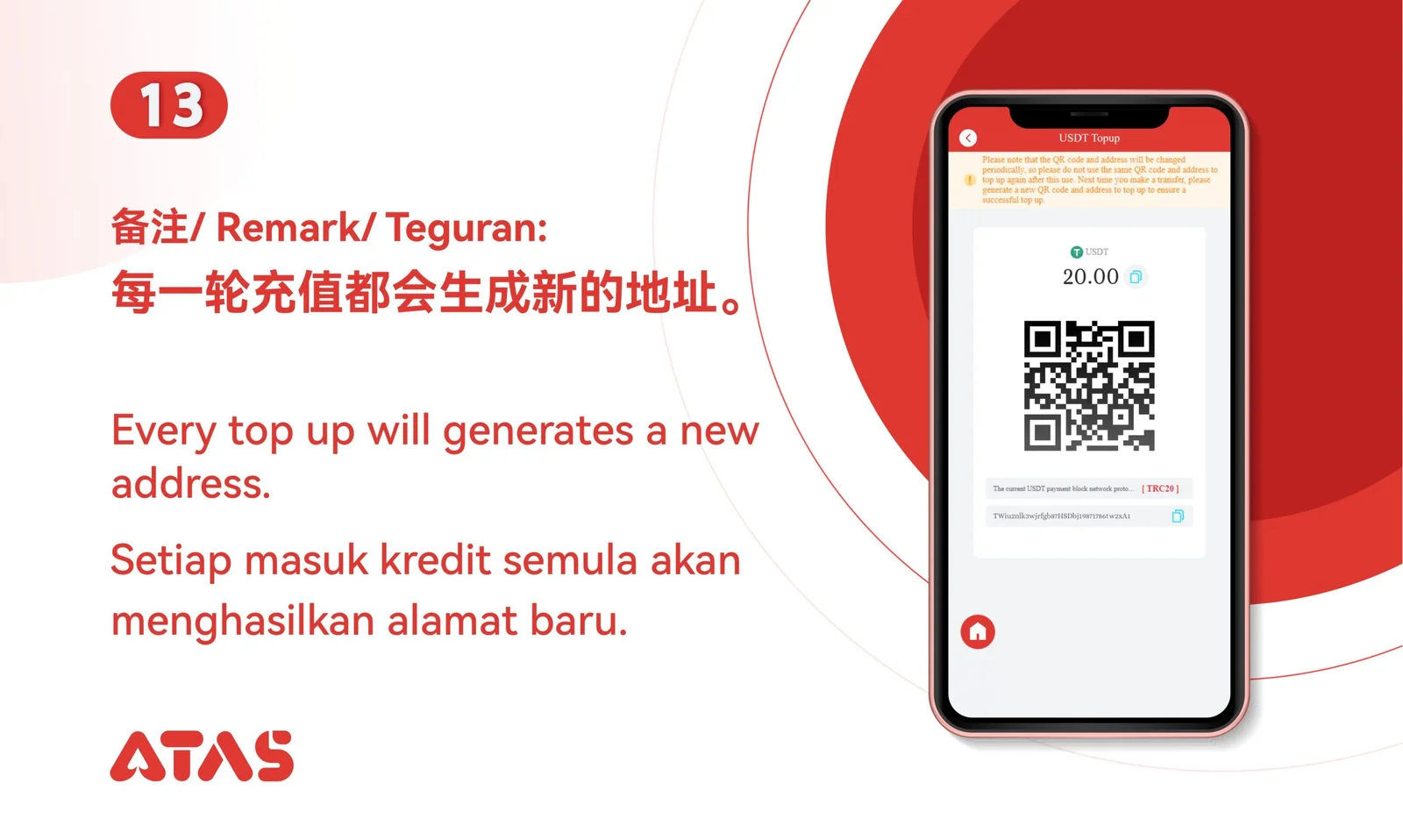 Use a fresh destination for each top up — step 14 of the USDT Top Up guide