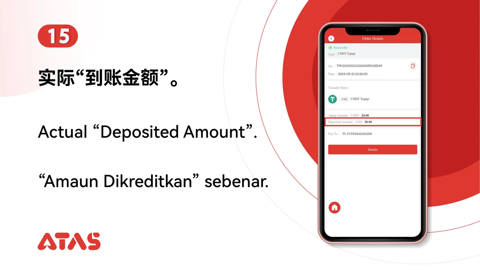 Review the credited amount — step 16 of the USDT Top Up guide