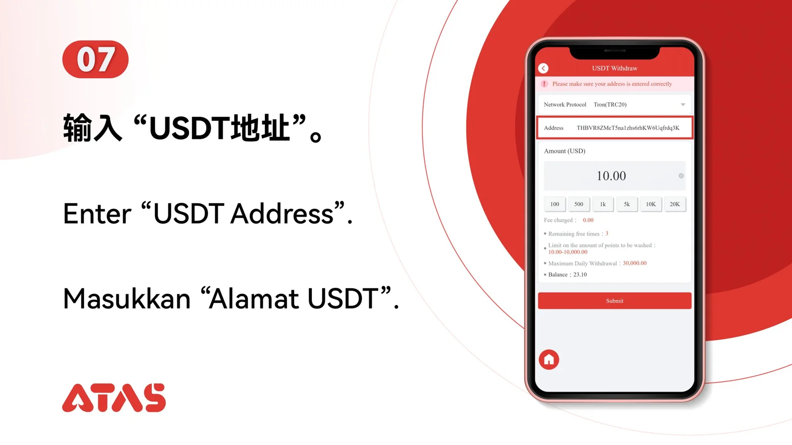 Enter your USDT address — step 8 of the USDT Withdrawal guide