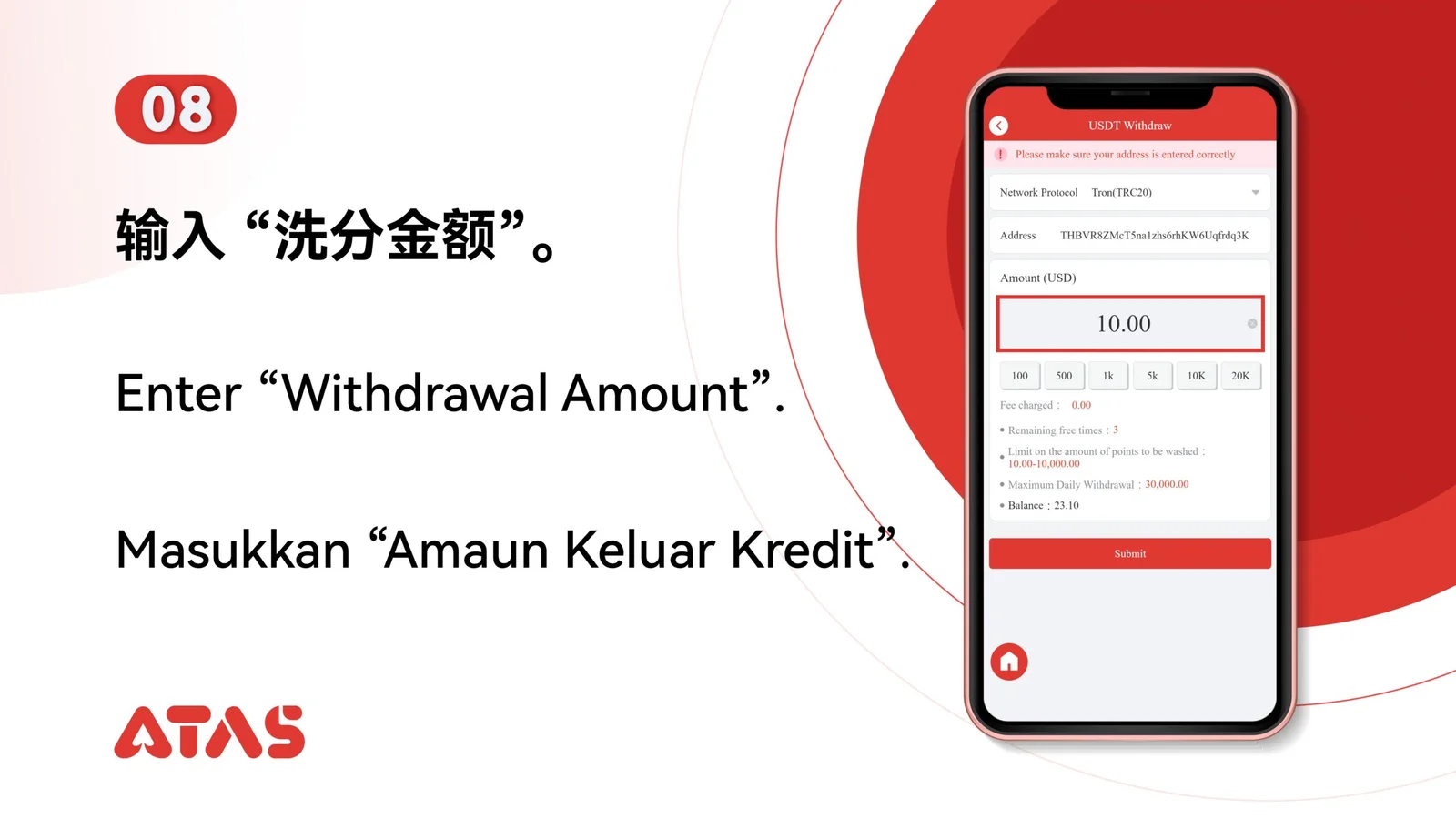 Enter the withdrawal amount — step 9 of the USDT Withdrawal guide