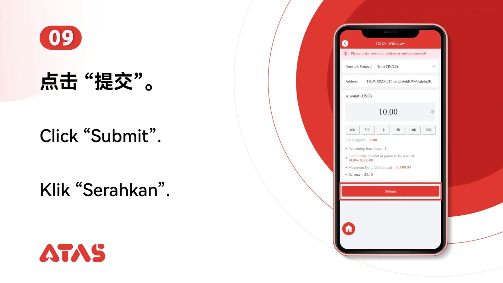 Submit the withdrawal request — step 10 of the USDT Withdrawal guide
