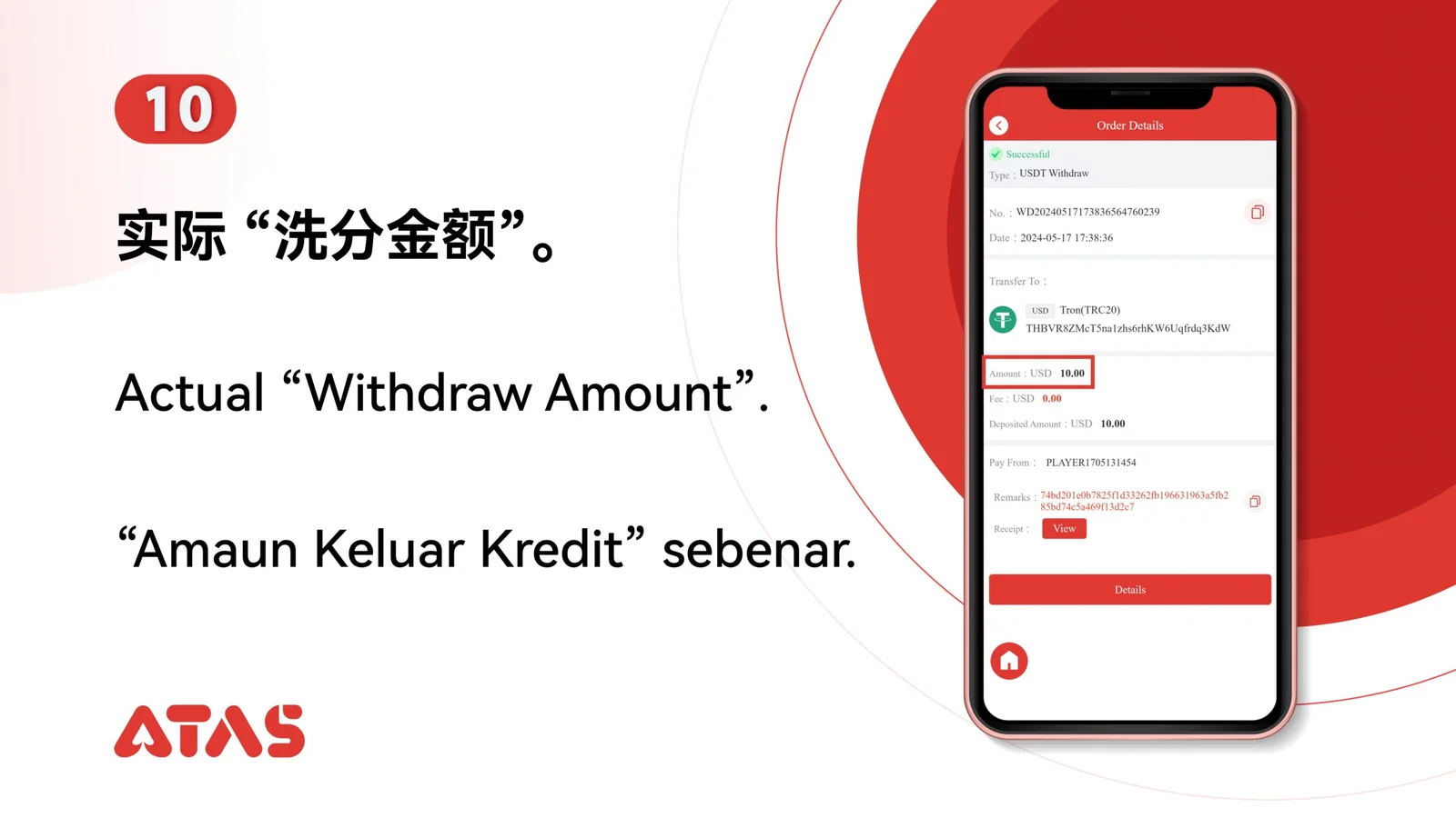 Review the requested amount — step 11 of the USDT Withdrawal guide