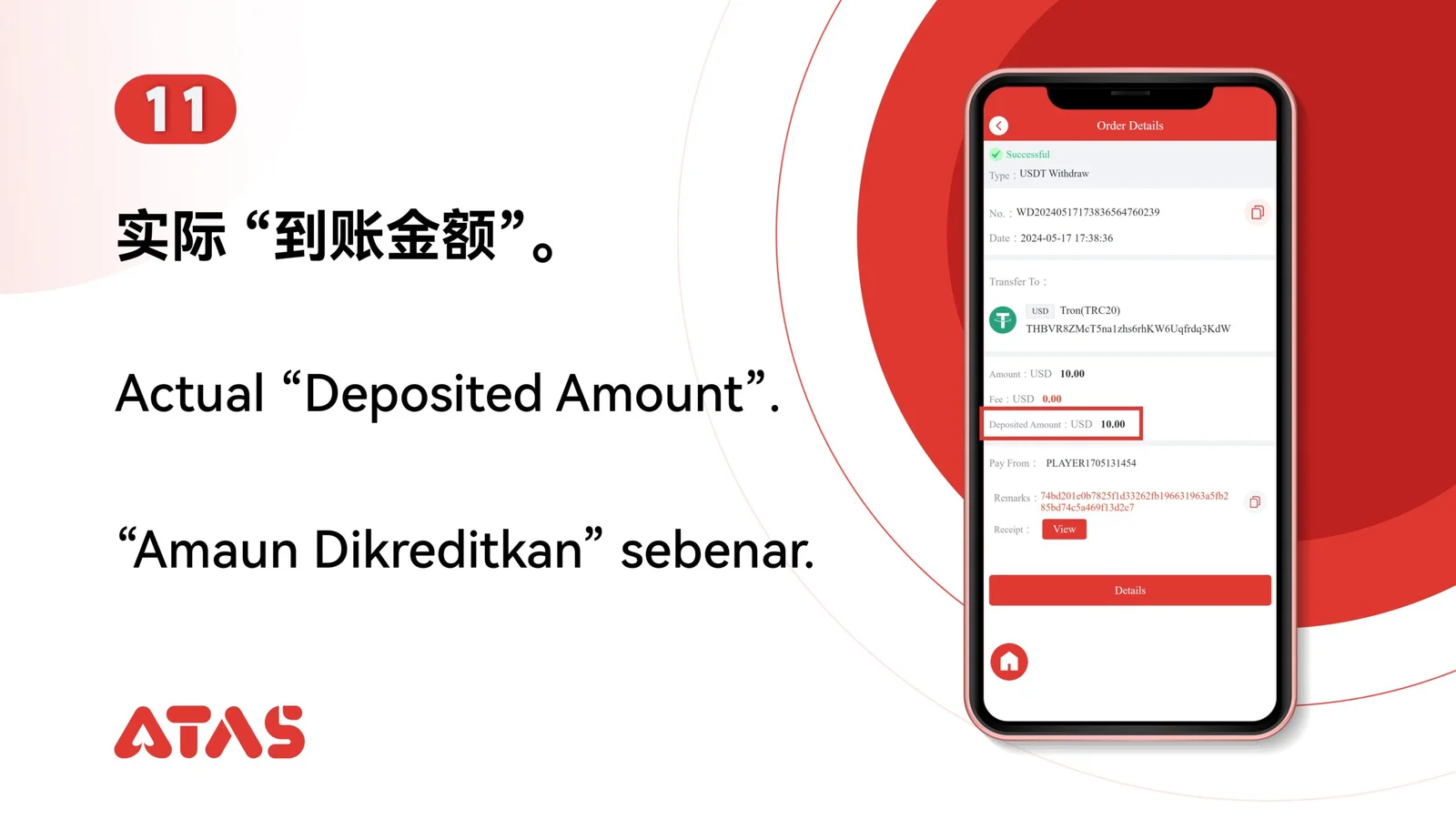 Review the deposited amount — step 12 of the USDT Withdrawal guide